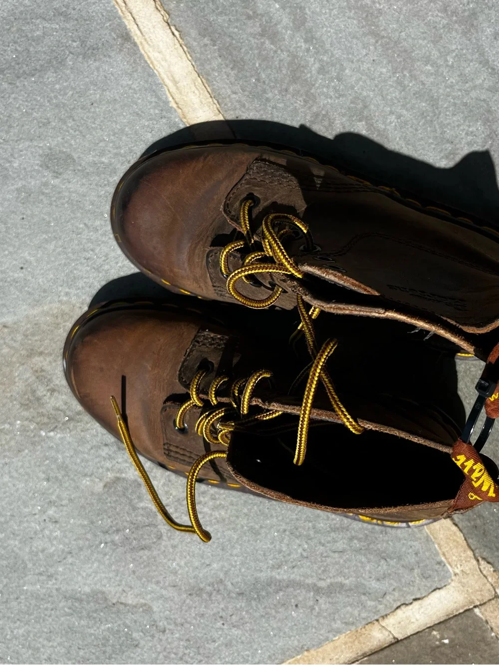 Kids Doc Martens Brown Leather Lace-Up Boots with Yellow Stitching